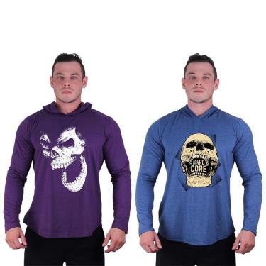 Imagem de Kit 2 Camisetas Manga Longa com Touca Longline Estampada Treino Academia Lazer Casual-Masculino