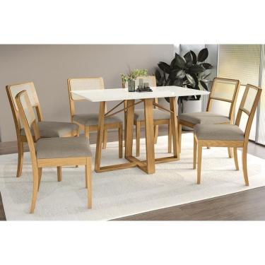 Imagem de Mesa Cozinha Elma Premium Madeira Maciça c/ Tampo Madeirado c/ Vidro 160x90cm e 6 Cadeiras Lola Carvalho/Off White - Boucle Bege Fendi-Kappesberg