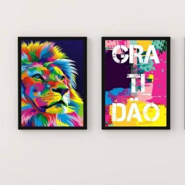 Imagem de Kit 2 Quadros Leão Colorido 45x34cm - Vidro e Moldura Branca