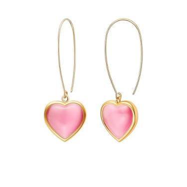 Imagem de Leshanxing Brincos de coração de amor para mulheres, banhado a ouro 18 k, longo, rosa, declaração de coração pendurado, brincos de dia dos namorados para mulheres, presente para ela