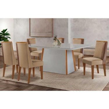 Imagem de Conjunto: Mesa Sala Jantar Tilia Curvo 180cm + 6 Cadeiras Tilia Madeira Naturale/Off White - Capuccino/Linho Bege - Rufato