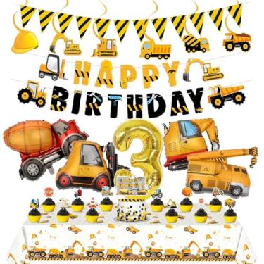 Imagem de Materiais de festa de aniversário de construção, kit de decoração de festa para meninos de 3 anos com grande número 3 balões 4 balões de construção, bandeira, topo de bolo, espirais, toalha de mesa