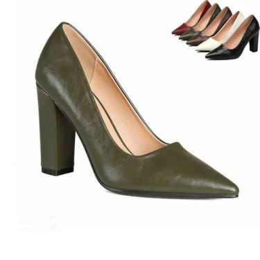 Imagem de Sapato feminino de bico fino, salto grosso, salto alto, formal, confortável, sem cadarço, escritório, festa, casamento, Verde, 36