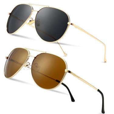Imagem de SUNGAIT Óculos de sol aviador femininos leves e grandes - lentes polarizadas estilo clássico, Pacote com 2 (polarizado): ouro rosa/cinza + marrom, Large