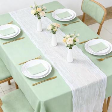 Imagem de Caminho de mesa de gaze de malha branca de 395 cm, gaze rústica boho bandeira de mesa tecido transparente, decoração de casamento de primavera para centro de mesa, chá de panela, festa de primeira