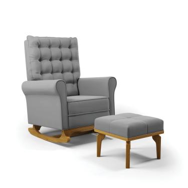 Imagem de Poltrona de Amamentação com Balanço e Puff Manu Veludo Cinza Base de Madeira F06 - D'Rossi