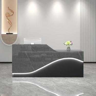 Imagem de Balcão de recepção White Veins com gaveta com trava, bandeja de teclado e luz - Mesa de caixa de varejo de 140 x 49,8 x 99,8 cm para uso em salão e escritório