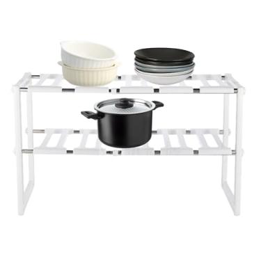 Imagem de Organizador de prateleira expansível – Organização de armazenamento de cozinha de camada dupla | Prateleira organizadora sob a pia – para pia, mesa, escritório, banheiro