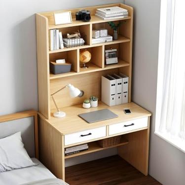 Imagem de Mesa de computador de madeira com cabana e estante, mesa de escritório doméstico com gavetas e prateleira de armazenamento, mesa de estudo com economia de espaço