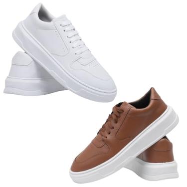 Imagem de Tênis Masculino Casual em Couro Ecológico, Sola Alta, Minimalista, Preto com Branco, Slip On, para Dia a Dia e Trabalho, Kit 2 Pares (Branco + Caramelo, BR, Adulto, Numérico, 42)