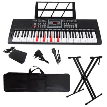 Imagem de Kit Teclado Musical 61 Teclas Iluminadas Estudante Rhythmic 80 + Capa Suporte X e Pedal