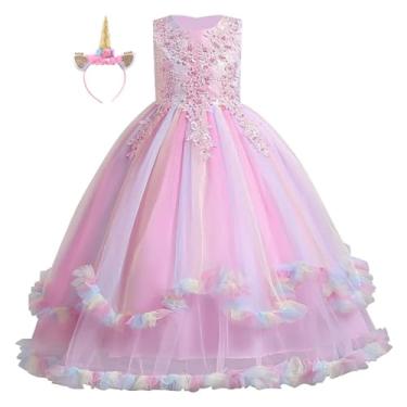 Imagem de HOIZOSG Vestido de tule arco-íris para meninas, aniversário, princesa, formatura, Halloween, Natal, dança, baile, com faixa de cabeça rosa 8-9T