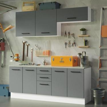 Imagem de Kit 2 Balcões e 2 Armários Aéreos 200cm Branco/cinza