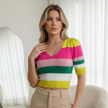 Imagem de Cropped Tricot Modal Manga Curta Listras - Vitrine Collection, Amarelo