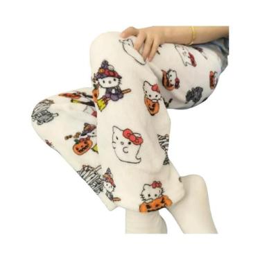 Imagem de Calças De Pijama Femininas Grossas De Fleece Hello Kitty Com Elástico 