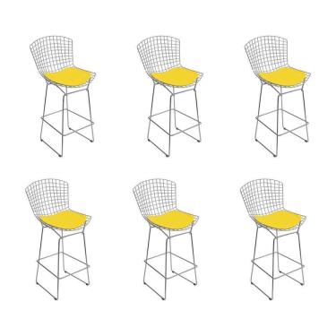 Imagem de Kit 6 Banquetas Bistrô Bertoia Cromada D70 Com Assento Sintético Amarelo