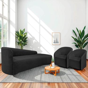 Imagem de Kit Sofá Curvo França 250cm Ld. E 2 Poltronas Luiza Max Conforto, Elegância E Design Moderno Linho Preto