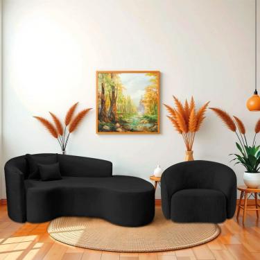Imagem de Kit Recamier Curvo Sala De Estar Inglaterra 180cm Lado Direito E Poltrona Orgânica Luxo Amore Linho Preto