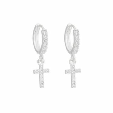 Imagem de Brinco argola de prata 925 com cruz e pedras cravadas unissex original