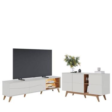 Imagem de Rack Bancada Amalfi com Pés em Madeira e  Aparador Buffet Noronha Off White Matte Freijó - Colibri