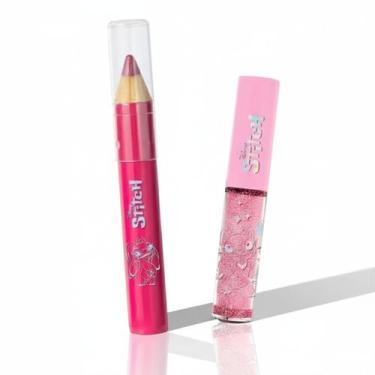 Imagem de Kit Labial Gloss Glitter + Lápis Batom Rosa - Stitch Disney