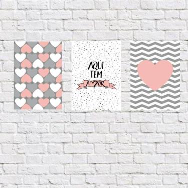 Imagem de Kit 3 Placas Decorativas Aqui Tem Amor 18x27cm