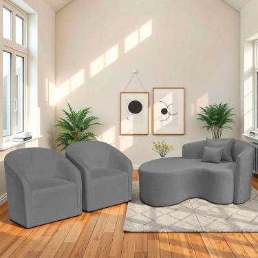 Imagem de Kit Recamier Curvo Sala De Estar 150cm Lado Esquerdo E 2 Poltronas Orgânica Luiza Max Bouclé Cinza