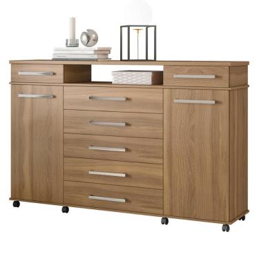 Imagem de Cômoda London 7 Gavetas 2 Portas em MDP com Puxador Plástico Amêndoa para Quarto com Ro...