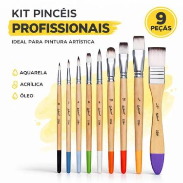 Imagem de Kit 9 pinceis nylon pintura artistica acrilica oleo aquarela - LUYKE
