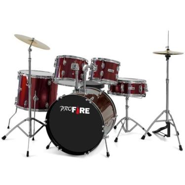Imagem de Bateria Acústica Pro Fire 20" Cromada Com Banco e Pratos, Vinho