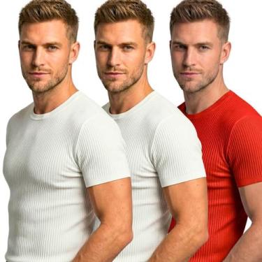 Imagem de Kit 3 Camisetas Masculinas Caneladas Slim Fit Manga Curta Academia Tre