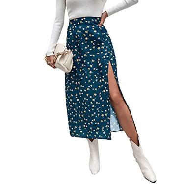 Imagem de Floerns Saia midi feminina Boho floral cintura alta dividida linha A, Azul-petróleo, Large