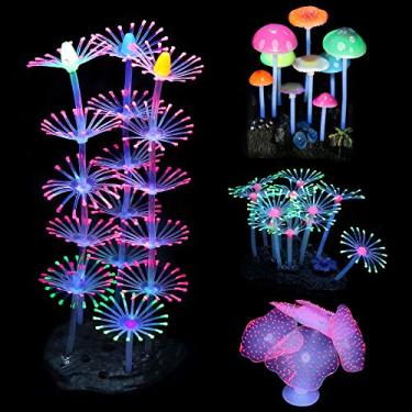 Imagem de Mangsen Pacote com 4 Decorações de Aquário que Brilham Corais Refis de Corais Brilhantes Anêmonas Simulando Planta Coral Efeito Brilhante Silicone para Decorações de Tanques de Peixe