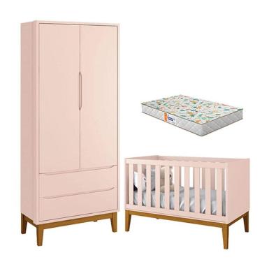 Imagem de Berço Americano e Guarda Roupa 2 Portas New Classic Rosa com Pés Madeira e Colchão Gazi...