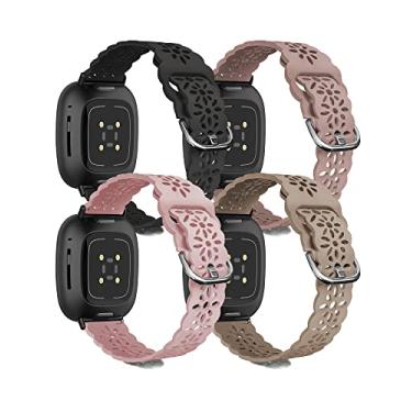 Imagem de Ginkgonut Linda pulseira esportiva fina de silicone compatível com Fitbit Sense / Versa 3 / Versa 4 / Sense 2 pulseiras femininas, pulseira de relógio de substituição de renda de silicone macio para mulheres (E-preto, pó de areia, pedra, chá com leite)