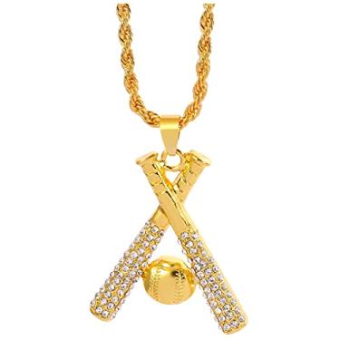Imagem de Colar masculino com muitos zircônias incrustado dourado e cruz de beisebol em um pingente de corrente torcida, 59 + 3,5 cm, one size, Aço inoxidável, Zircônia cúbica