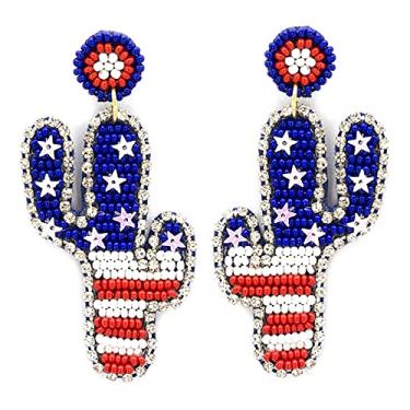 Imagem de Emulily Brincos de cacto patriótico com contas brincos feitos à mão com bandeira dos EUA, Vidro, N