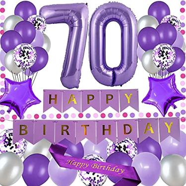 Imagem de yujiaonly Decoração de festa de aniversário de 70 anos roxo faixa de papel de feliz aniversário roxo 101,6 cm número 70 feliz aniversário faixa balões de látex e confete perfeitos para festa de 70 anos