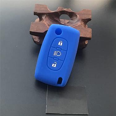 Imagem de YJADHU Capa de chave de carro de borracha de silicone para proteger a pele dobrável chave de 3 botões, apto para Citroen C2 C4 C5 Picasso Xsara C5 C6 C8, azul