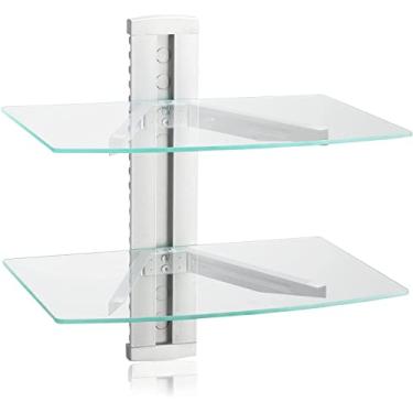 Imagem de suptek Prateleiras flutuantes de vidro de 2 camadas, suporte de parede preto plano, prateleira AV, prateleira de mídia para leitor de DVD / PS4 / caixas de cabo/consoles de jogos/Sky Box/acessórios de