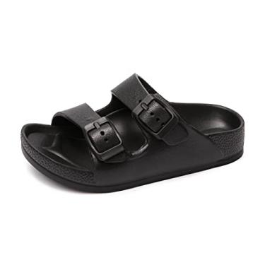 Imagem de FUNKYMONKEY Sandália rasteira unissex infantil com fivela dupla ajustável de EVA para meninos e meninas, Preto, 5 Big Kid