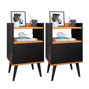 Imagem de Kit 2 Mesinhas de Cabeceira Retrô Jogo Mesa Canto Lateral Cama Gavetas Nicho Decorativo Aparador Quarto Casal Dream - RPM (Preto/Cinamomo)