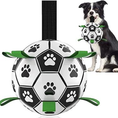 Imagem de QDAN Brinquedos para cães, bola de futebol com alças, para filhotes, brinquedos interativos para cães de cabo de guerra, brinquedo de puxar para cães, brinquedo de água para cães, bolas duráveis para cães pequenos e médios (15,2 cm)