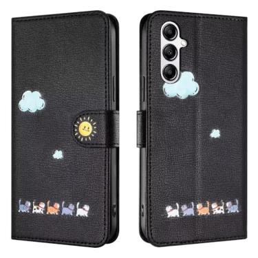 Imagem de Rnrieyta Capa Miagon para Samsung Galaxy A54 5G, capa de desenho animado animal nuvem gato bonito padrão dobrável suporte carteira de couro PU capa protetora com compartimentos para cartões, preta