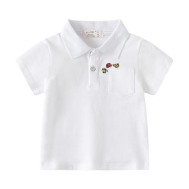 Imagem de Yueary Camiseta polo infantil para bebês meninos, manga curta, bordado com desenho de carro, algodão, bolso casual, camisa polo, Branco, 110/3-4 Y