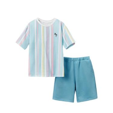 Imagem de SOLY HUX Conjunto de 2 peças de camiseta de manga curta com estampa tropical listrada e shorts para meninos, Azul e rosa, 9Y
