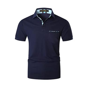 Imagem de LIUPMWE Camisa polo masculina manga curta xadrez patchwork gola polo com bolso, Dt06-azul, M