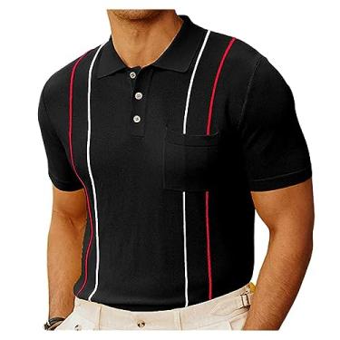 Imagem de Camisa polo masculina de cor lisa, listrada, manga curta, casual, de malha, lapela e botão, Preto, 3G