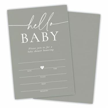 Imagem de DYIRBIIY 25 Convites de chá de bebê com envelopes - Hello Baby - Convites de estilo de preenchimento verde musgo para chá de bebê, revelação de gênero, convites de anúncio de bebê, lembrancinhas de