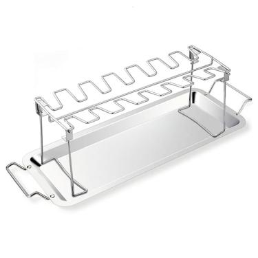 Imagem de Triceratops Suporte de perna e asa de frango com bandeja coletora, 14 compartimentos para churrasco, frango, suporte de torrador de aço inoxidável para churrasqueira, forno, churrasqueira a carvão